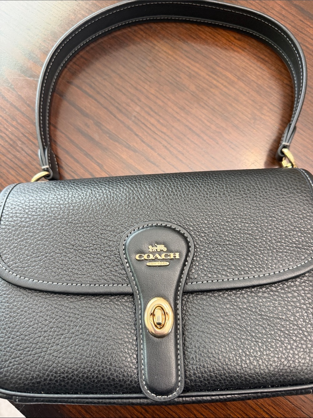 Coach Black Pebbled Leather Turnlock Shoulder Bag with Gold Hardware
